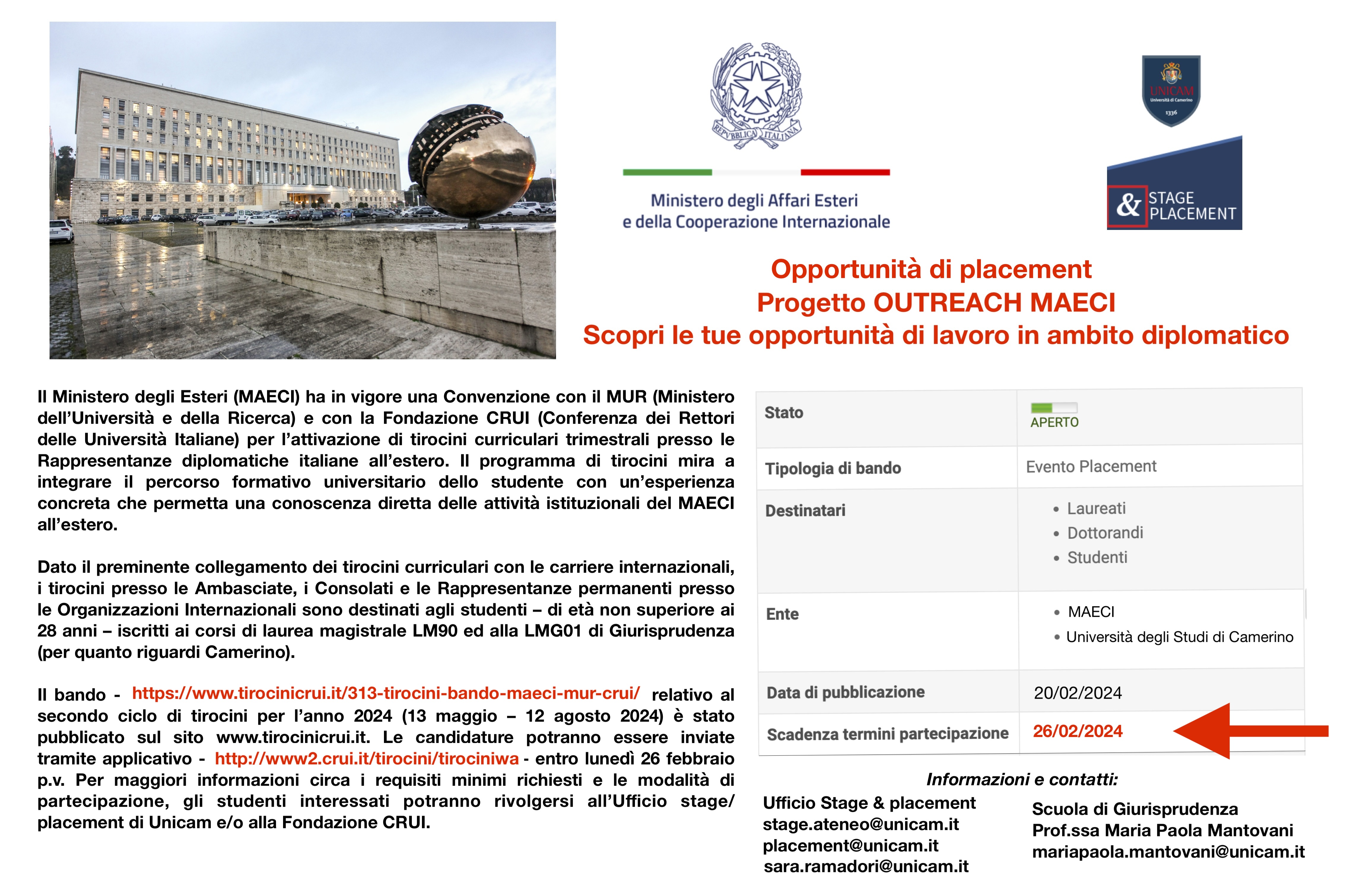 Opportunità di placement: tirocini curriculari trimestrali presso le Rappresentanze diplomatiche italiane all'estero