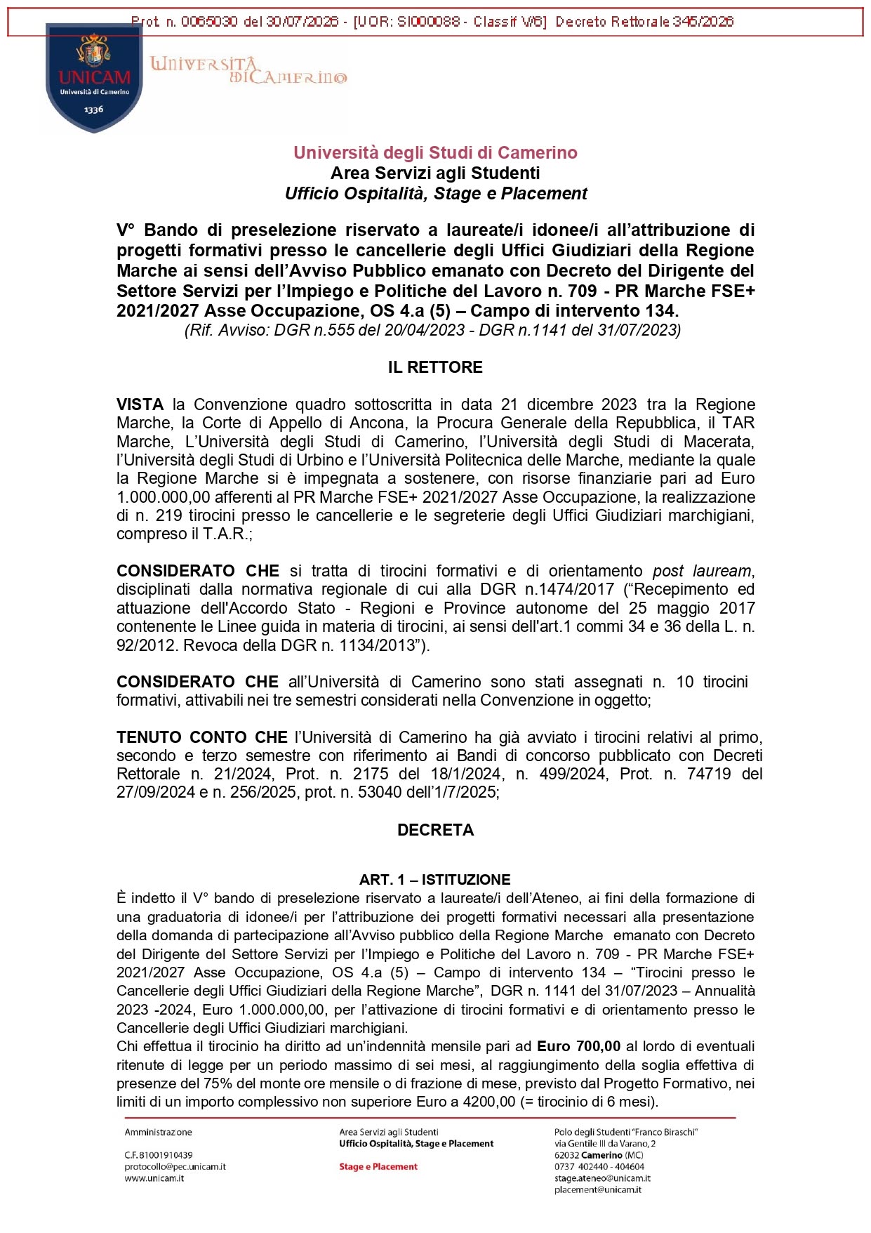 Progetti formativi presso le cancellerie degli Uffici Giudiziari delle Marche