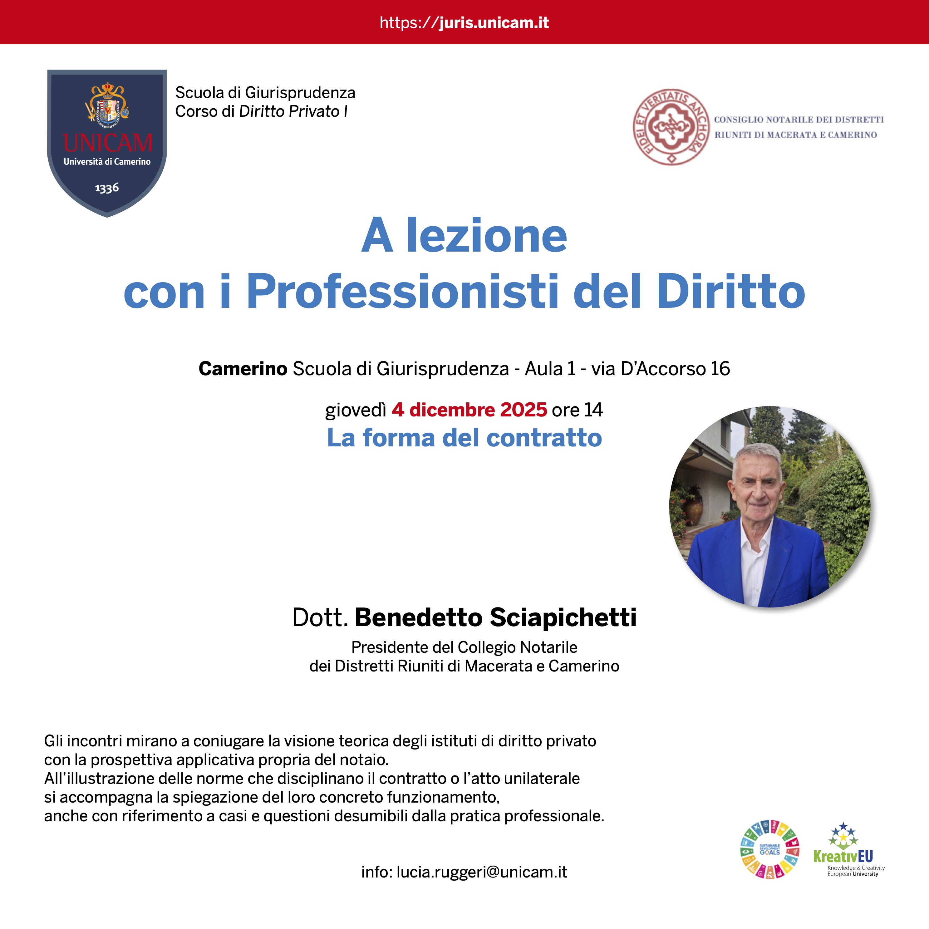 Lezione del Dott. Benedetto Sciapichetti, Presidente del Collegio Notarile dei Distretti Riuniti di Camerino e Macerata