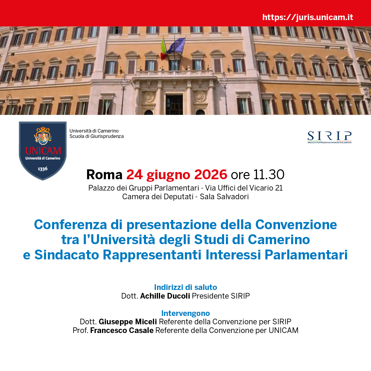 Conferenza di presentazione della Convenzione tra l’Università degli Studi di Camerino  e Sindacato Rappresentanti Interessi Parlamentari