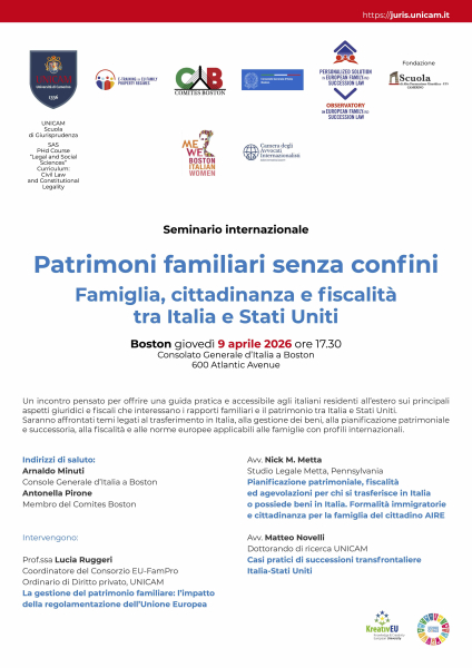 Il quadro regolatorio europeo in materia di patrimoni familiari al centro di un'iniziativa promossa dal Consolato Generale di Italia a Boston e dai Comites di Boston unitamente a MeWeBoston Italian Women e a Camera degli Avvocati Internazionalisti. Una significativa opportunità per illustrare le attività di foollow up del Consorzio Europeo EU-FamPro, coordinato dalla Prof.ssa Lucia Ruggeri. Un'occasione importante per sviluppare sinergie e collaborazioni con la comunità italiiana a Boston nella ricerca e ne