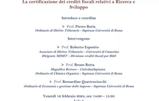 Il Prof. Esposito interviene su "La certificazione dei crediti fiscali relativi a Ricerca e Sviluppo"
